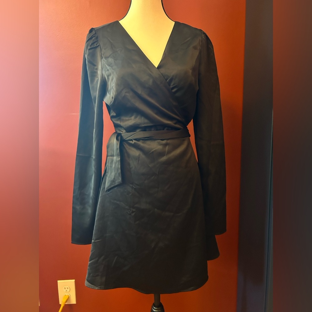 Lulu's Black Wrap Dress with Long Sleeves